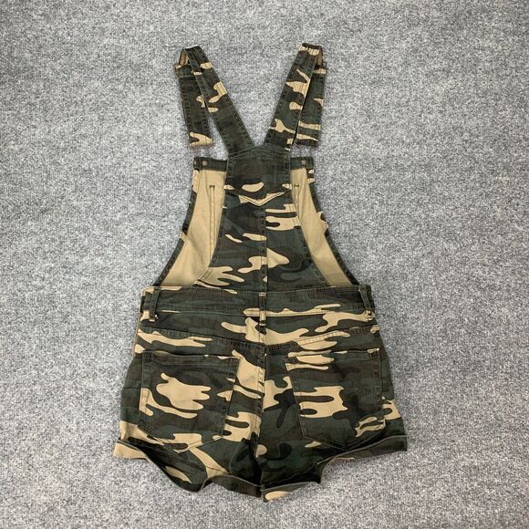 Forever 21 Camo Denim Overalls Womens 27 Cuffed Pockets Stretch Cotton Shortalls - Picture 7 of 11